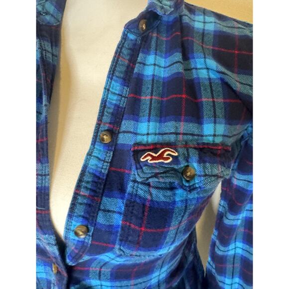 HOLLISTER Size XS Long Sleeve Button Collar Blue Red Plaid Striped Y2K - Picture 2 of 6